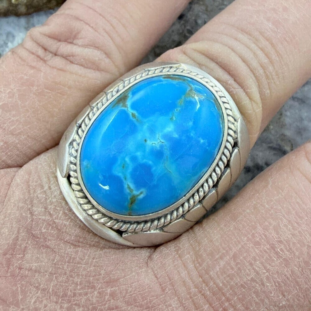 Native American Sterling Oval Kingman Turquoise Shield Ring Size 11.25 For Men